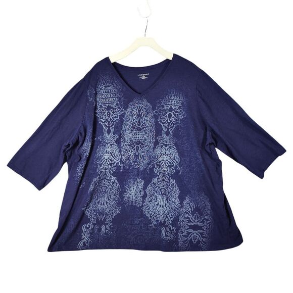 Catherines Navy Blue Embellished‎ V-Neck Top Rhinestone Paisley Womens Size 3X - Picture 1 of 7